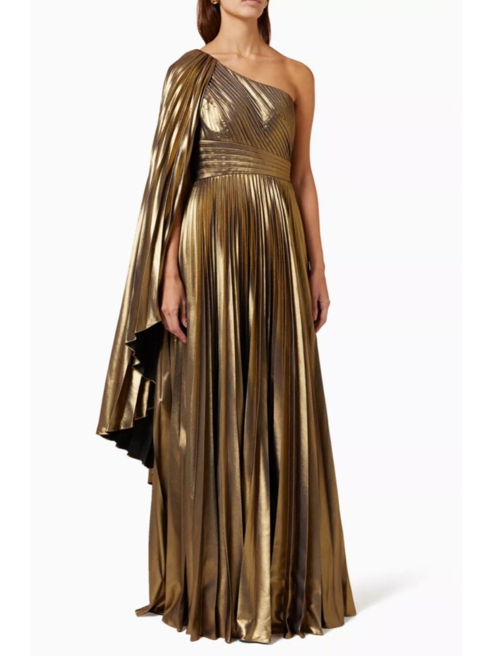 NWT Marchesa Notte Gold One Shoulder Cape Pleated Gown 14